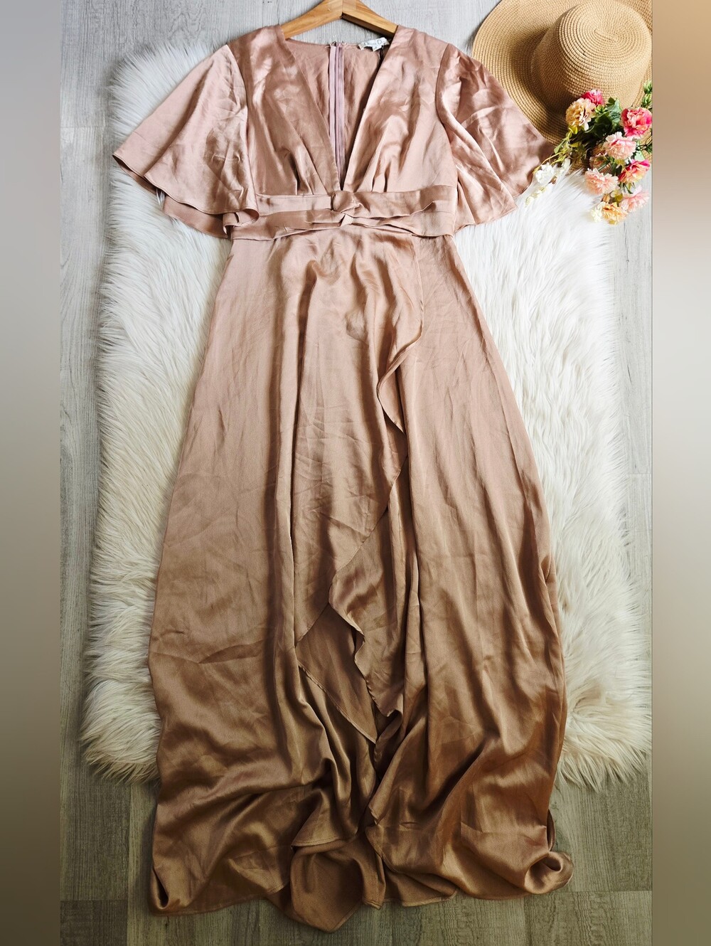 Champagne Satin Maxi Dress with Flutter Sleeves
